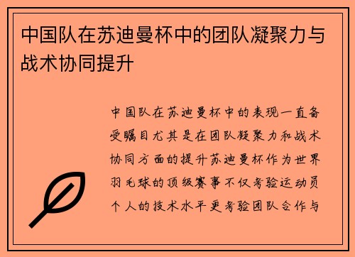 中国队在苏迪曼杯中的团队凝聚力与战术协同提升 中国队在苏迪曼杯中的团队凝聚力与战术协同提升