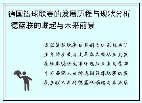 德国篮球联赛的发展历程与现状分析 德篮联的崛起与未来前景