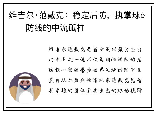 维吉尔·范戴克：稳定后防，执掌球队防线的中流砥柱