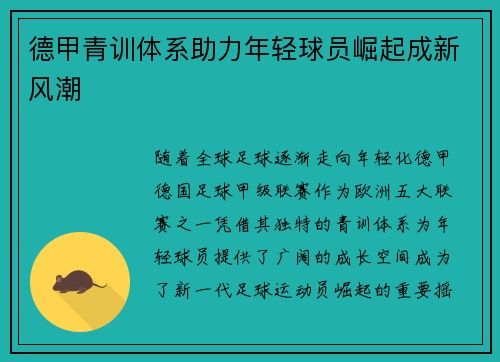 德甲青训体系助力年轻球员崛起成新风潮 德甲青训体系助力年轻球员崛起成新风潮